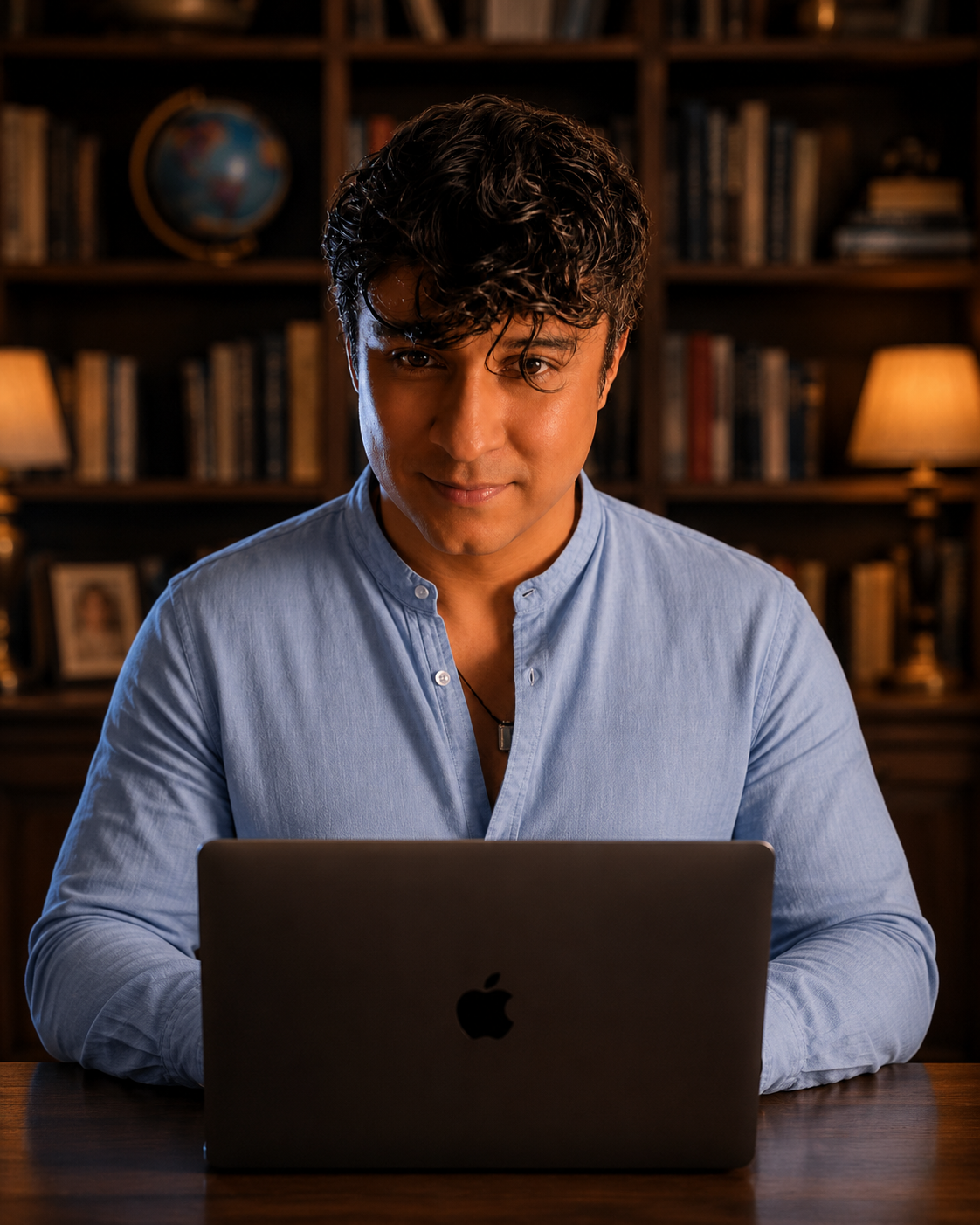 Jon Caraveo working at a laptop in his library